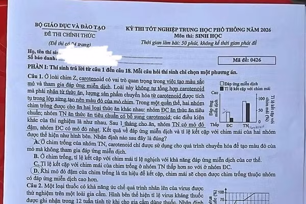 Gợi ý đáp án môn Sinh học Kỳ thi tốt nghiệp THPT 2026