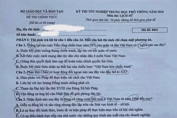 Gợi ý đáp án môn Lịch sử Kỳ thi tốt nghiệp THPT 2026