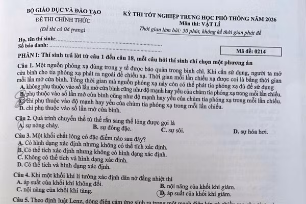 Gợi ý đáp án môn Vật lí Kỳ thi tốt nghiệp THPT 2026