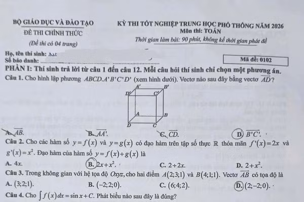 Gợi ý đáp án môn Toán Kỳ thi tốt nghiệp THPT 2026