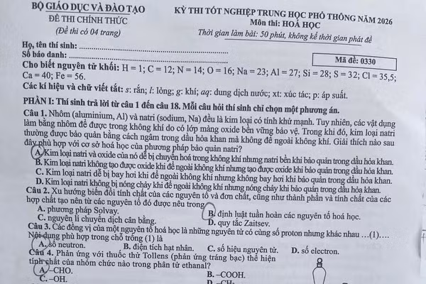 Gợi ý đáp án môn Hóa học Kỳ thi tốt nghiệp THPT 2026