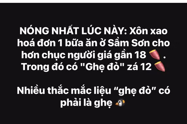 Thông tin trên mạng xã hội về hóa đơn 18 triệu đồng cho bữa ăn ở Sầm Sơn (Thanh Hóa).