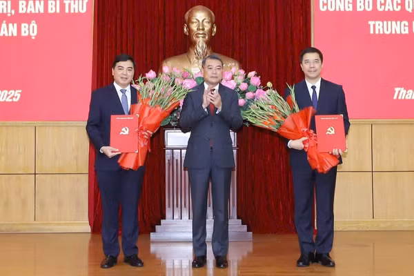 Trưởng ban Tổ chức Trung ương Lê Minh Hưng trao quyết định của Bộ Chính trị, Ban Bí thư cho ông Nguyễn Hoài Anh và ông Nguyễn Hồng Phong. 