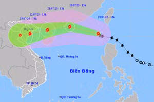 Dự báo vị trí và hướng di chuyển bão số 3 chiều 19/7. (Ảnh: NCHMF)