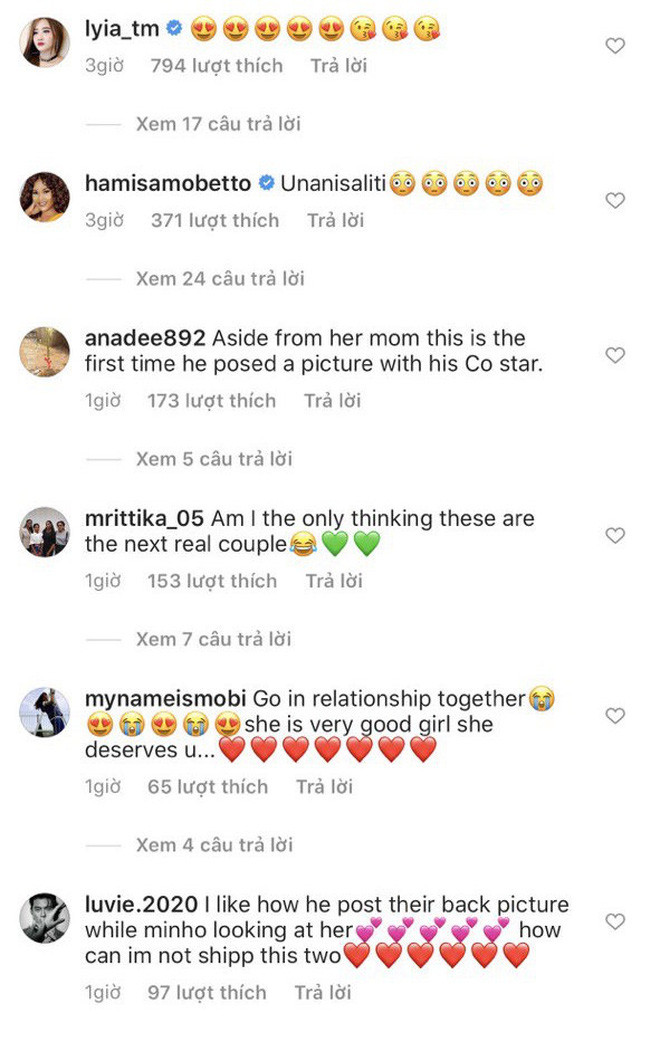 Fan rần rần để lại bình luận khẳng định Kim Go Eun là người phụ nữ thứ 2 Lee Min Ho khoe ảnh lên Instagram sau mẹ ruột. Fan còn háo hức vì biểu hiện của Lee Min Ho trong bức ảnh: &quot;Tôi thích cái cách anh ấy đăng ảnh nhìn chằm chằm vào cô ấy. Sao mà tôi không ship 2 người này cho được cơ chứ&quot;, &quot;Yêu nhau đi, cô ấy tốt lắm, hợp với anh&quot;, &quot;HỌ ĐANG HẸN HÒ HAY GÌ? Ước gì trời ơi...&quot;