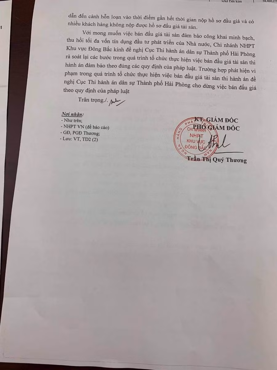 Văn bản do bà Trần Thị Quý Thương- Phó Giám đốc VDB khu vực Đông Bắc ký