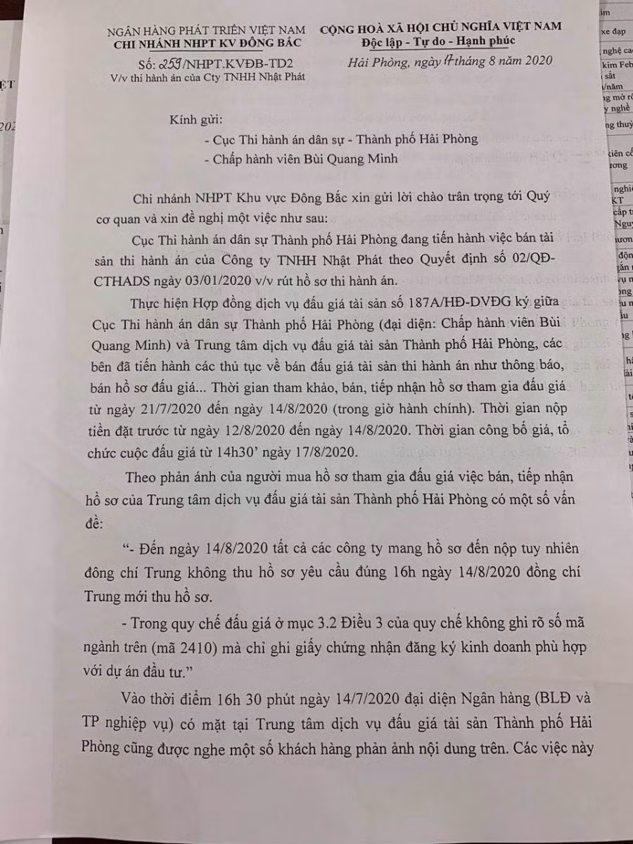 Văn bản của ngân hàng VDB khu vực Đông Bắc đề nghị dừng cuộc đấu giá rà soát lại quy trình