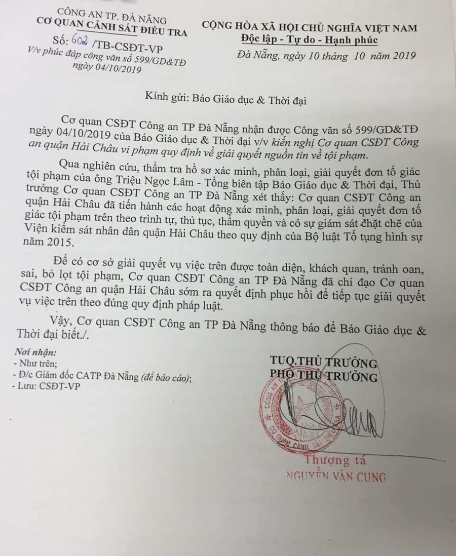 Văn bản của Cơ quan CSĐT Công an T.P Đà Nẵng gửi Báo Giáo dục và Thời đại.