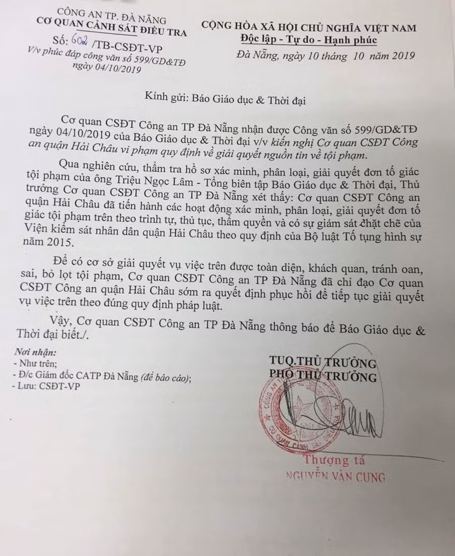 Văn bản của Cơ quan CSĐT Công an T.P Đà Nẵng gửi Báo Giáo dục và Thời đại.