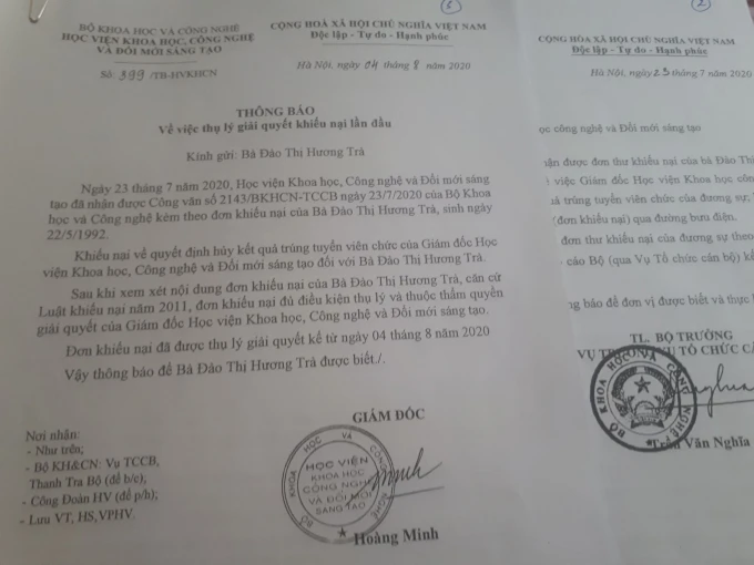 Các văn bản của Học viên KHCN&ĐMST khẳng định đã làm đúng quy định pháp luật trong vụ việc hủy quyết định tuyển dụng viên chức đối với bà Đào Thị Hương Trà