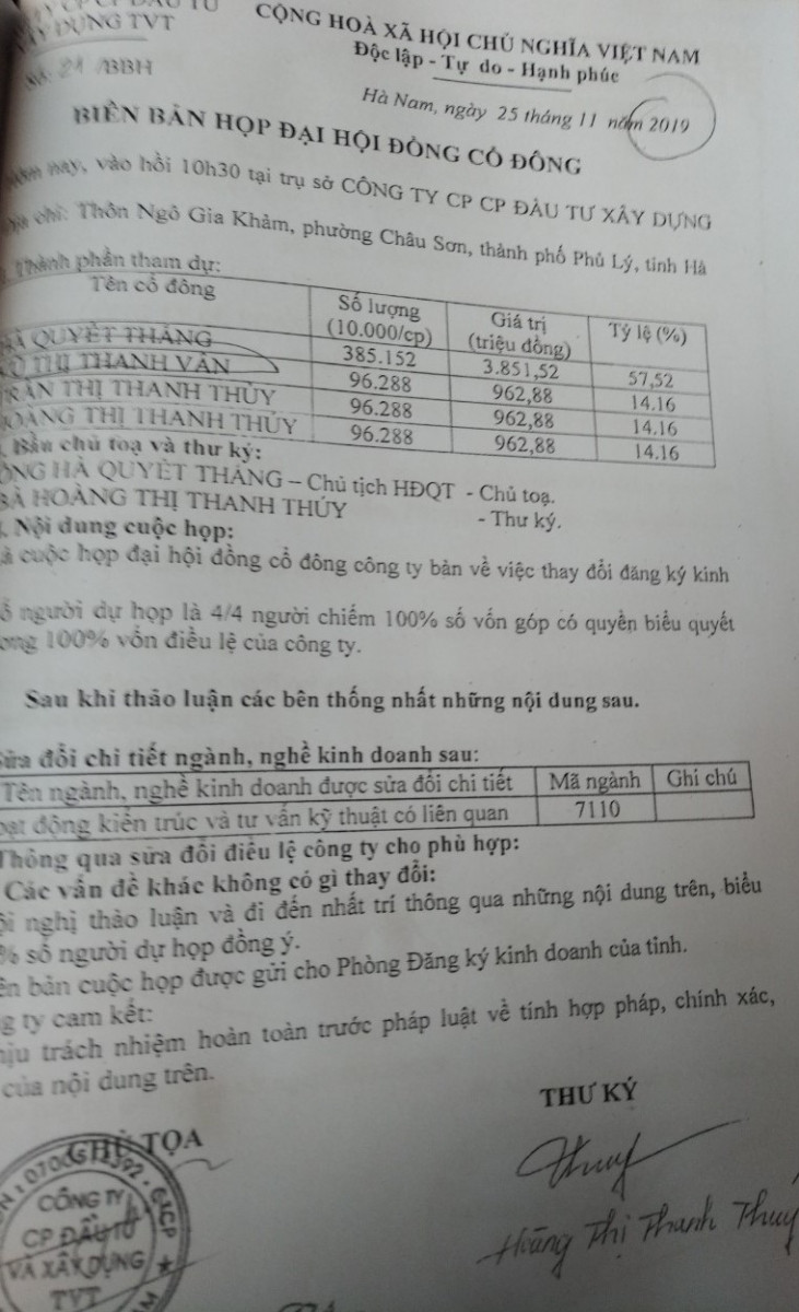 Biên bản họp HĐCĐ có tên bà Vũ Thị Thanh Vân- vợ ông Vũ Hoàng Lâm- Phó Giám đốc Điện lực Hà Nam Biên bản họp HĐCĐ có tên bà Vũ Thị Thanh Vân- vợ ông Vũ Hoàng Lâm- Phó Giám đốc Điện lực Hà Nam