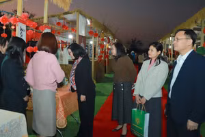 GS.TS Nguyễn Thị Lan - Giám đốc Học viện Nông nghiệp Việt Nam cùng đông đảo cán bộ, giảng viên tham quan các gian hàng của Hội chợ.