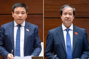 Bộ trưởng Bộ Tài chính Nguyễn Văn Thắng (trái) và Bộ trưởng Bộ GD&ĐT Nguyễn Kim Sơn. Ảnh: TT