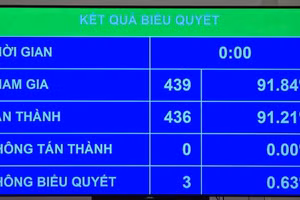 Kết quả biểu quyết thông qua Nghị quyết của Quốc hội về phổ cập giáo dục mầm non cho trẻ em từ 3 đến 5 tuổi. (Ảnh: DUY LINH).