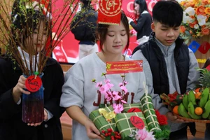 Sinh viên dành nhiều tâm huyết thi gói bánh chưng.