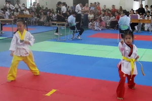 Trẻ mầm non trình diễn tại Festival Taekwondo Kindergarten “Hana Taekwondo cup”, sáng 28/7.