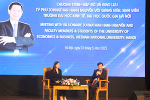 Tỷ phú Johnathan Hạnh Nguyễn giao lưu, chia sẻ với sinh viên Trường ĐH Kinh tế (ĐH Quốc gia Hà Nội).