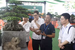 Sinh viên Học viện Nông nghiệp Việt Nam được chuyên gia, chủ nhà vườn giới thiệu về cây cảnh để có thể thương mại hóa ra thị trường.