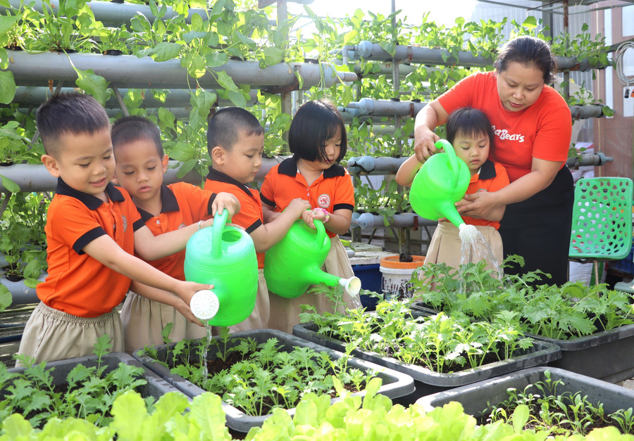 Trường Mầm non Hạnh Phúc, Cà Mau dạy trẻ kỹ năng sống. Ảnh: QM