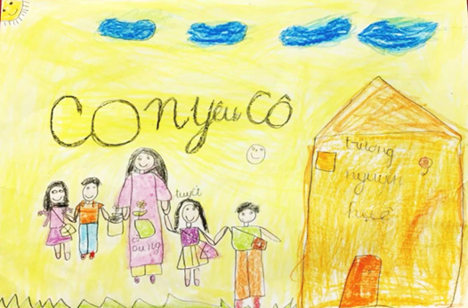 Bức tranh em Ánh Tuyết tặng cô giáo Nguyễn Trần Phương Dung và các bạn trong lớp. Ảnh: NVCC