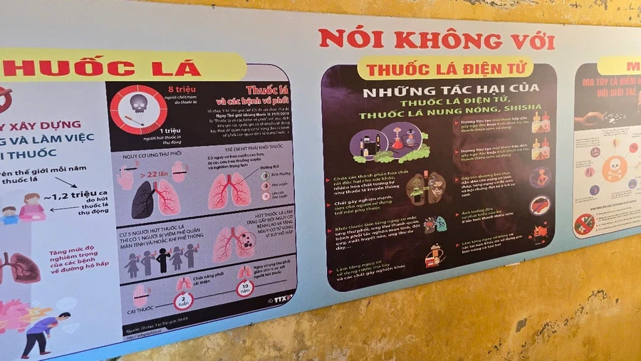 Trung tâm GDNN - GDTX thị xã Sơn Tây (Hà Nội) dán các tờ rơi về phòng chống tác hại của thuốc lá. Ảnh: NTCC