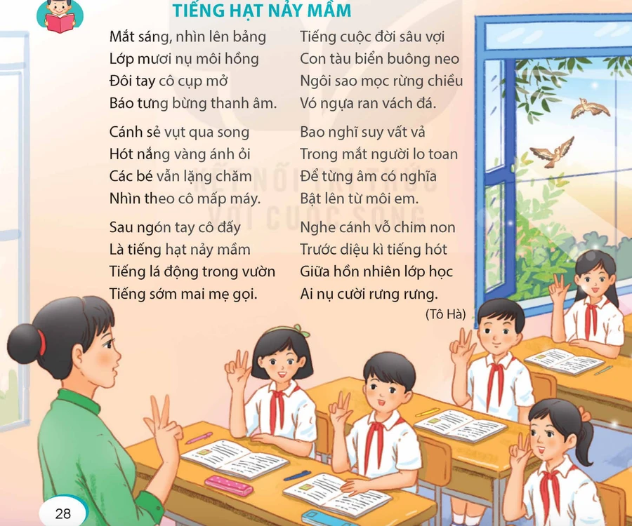 Bài thơ "Tiếng hạt nảy mầm" trong sách giáo khoa Tiếng Việt lớp 5. Ảnh: INT