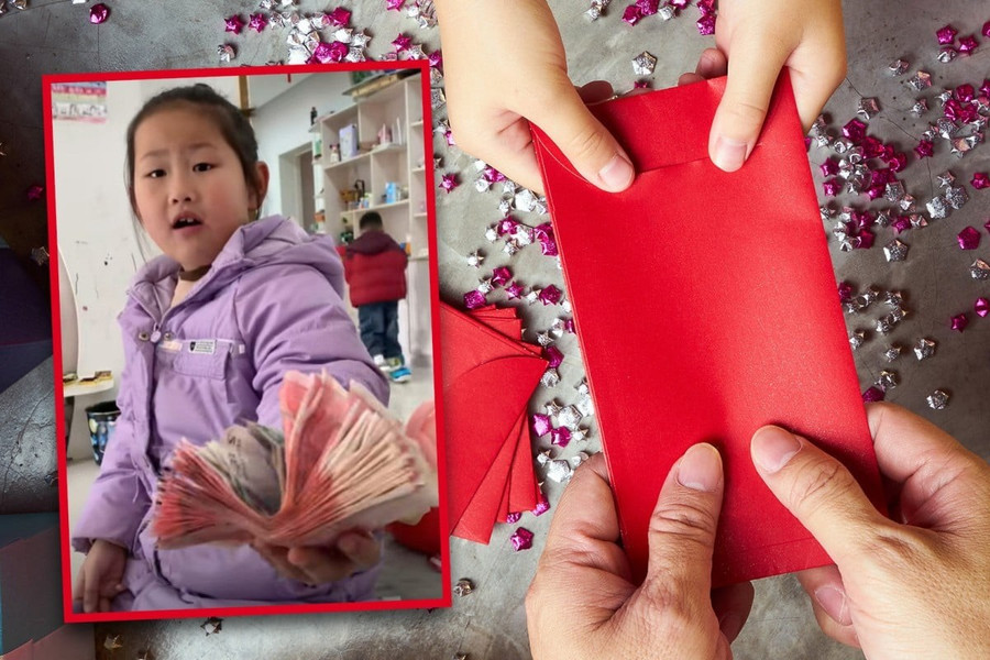 Bé gái 7 tuổi tặng toàn bộ số tiền mừng tuổi cho mẹ như một lời cảm ơn. Ảnh: SCMP.
