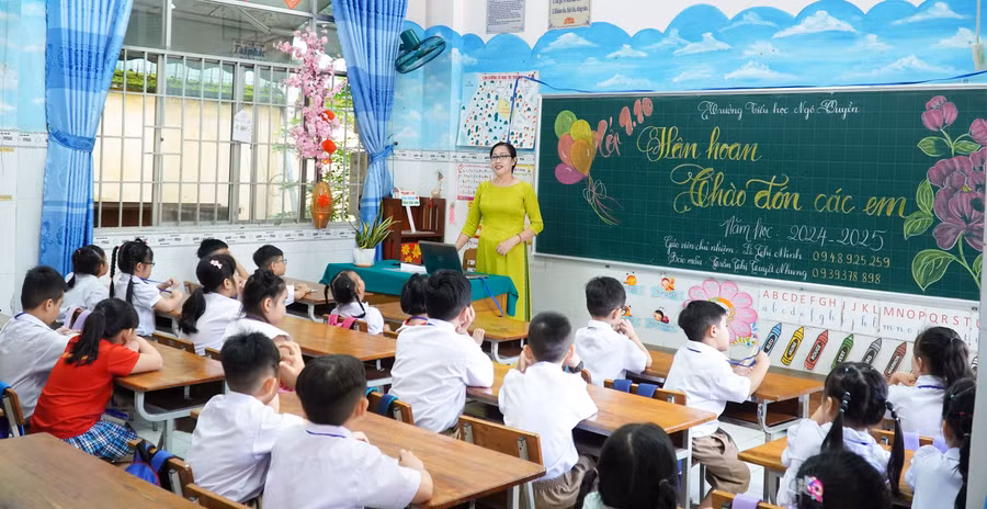 Giờ sinh hoạt lớp 1 Trường Tiểu học Ngô Quyền (TP Cần Thơ). Ảnh: Thành Thật