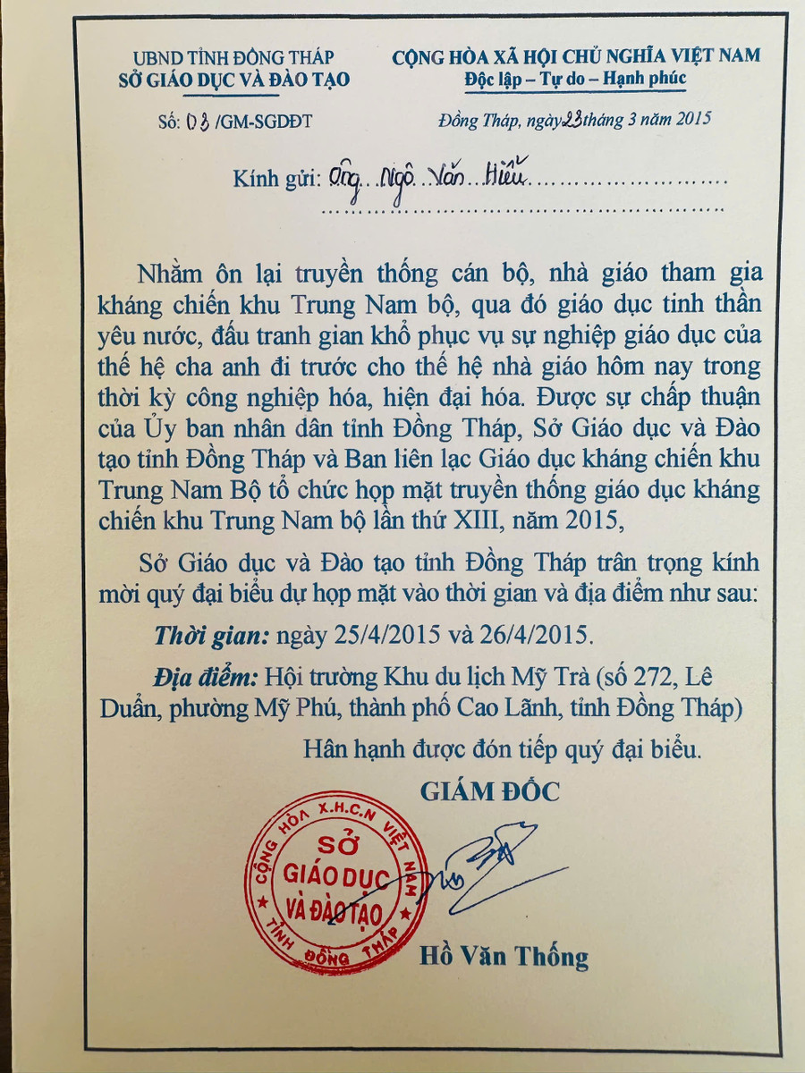 Thư mời nhà giáo Ngô Văn Hiểu dự họp mặt giáo dục truyền thống kháng chiến khu Trung Nam Bộ lần thứ XIII, năm 2015 của Sở Giáo dục và Đào tạo tỉnh Đồng Tháp. Ảnh: NVCC nhung-ngay-day-hoc-o-vung-giai-phong-mien-nam-2.jpg