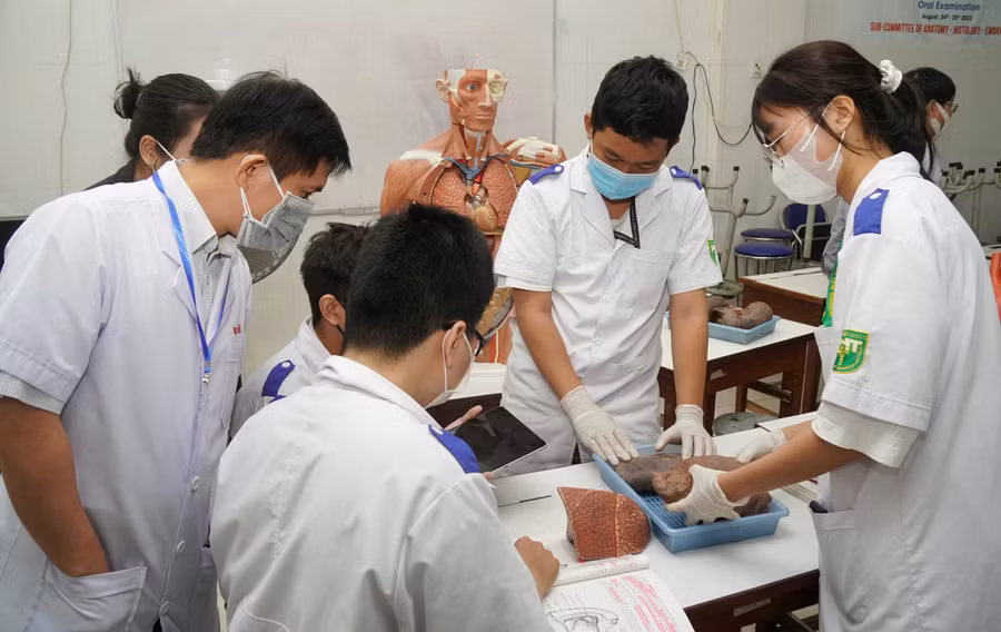 Sinh viên Trường Đại học Y khoa Phạm Ngọc Thạch trong giờ thực hành.