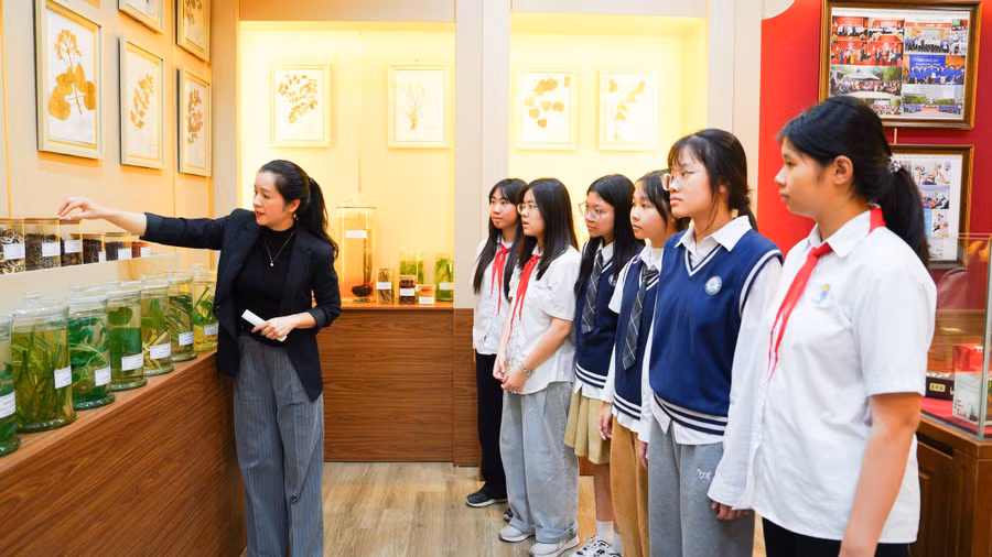 Học sinh trải nghiệm thực tế tại Học viện Y – Dược học cổ truyền Việt Nam. Ảnh: NTCC