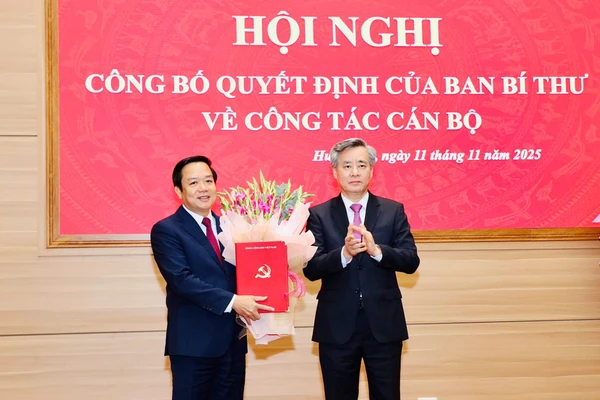 Phó Trưởng Ban Tổ chức Trung ương Nguyễn Quang Dương trao quyết định cho ông Phạm Quang Ngọc. (ảnh MT)