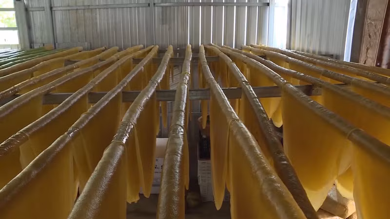 Khi bánh chính được lấy ra và phơi cho ráo mặt rồi tiến hành cắt từng miếng vuông hình chữ nhật. Bánh sau đó được tiếp tục phơi cho đến khi khô. banh-phong-tom-80.jpg