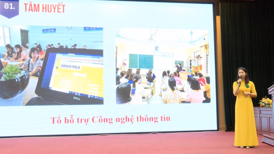 Cô Tạ Thị Vui - Phó Hiệu trưởng Trường Tiểu học Vân Canh trình bày phần thuyết trình của mình tại hội thi. 