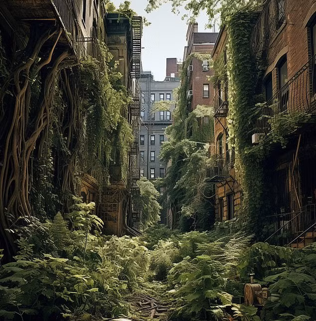 ChatGPT viết, một thế kỷ sau trong tương lai, Thành phố New York nằm trong giấc ngủ đầy mê hoặc, khuất phục trước sự ngoan cường của thiên nhiên. AI vẽ các thành phố tấp nập nếu bị bỏ hoang sau 100 năm
