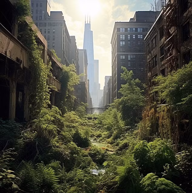 Hãng tin DailyMail đã yêu cầu ChatGPT mô tả thế giới vắng bóng loài người có thể do chiến tranh. Kết quả là những thành phố tấp nập sẽ đầy cỏ dại. (Ảnh: AI vẽ thành phố Chicago) AI vẽ các thành phố tấp nập nếu bị bỏ hoang sau 100 năm