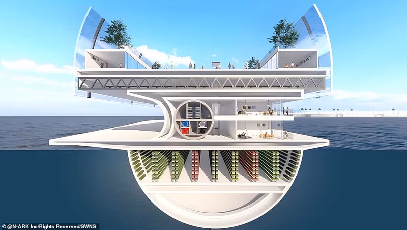 Bên dưới mặt nước có một trung tâm dữ liệu biển và các cơ sở nghiên cứu y tế. Chùm ảnh dự án thành phố nổi chống chọi với sóng thần ở Nhật