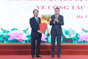 Ông Nguyễn Duy Lâm nhận quyết định bổ nhiệm Bí thư Tỉnh ủy Hà Tĩnh. (Ảnh: BHT)