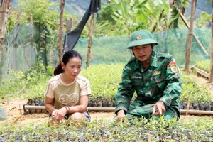 Cán bộ Đồn Biên phòng Bản Giàng hướng dẫn đồng bào dân tộc Chứt trồng, chăm sóc cây trầm hương.
