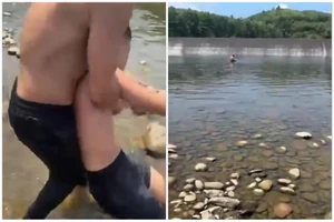 Nam sinh may mắn được cứu sống khi chới với dưới chân đập. (Ảnh cắt từ clip)