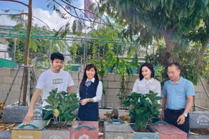 Thùng rác thông minh làm từ nhựa tái chế tại các trường học trên địa bàn tỉnh Hà Tĩnh.