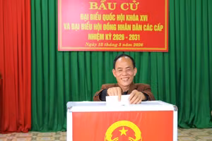 Cử tri ở Hà Tĩnh vận hành thử quy trình bầu cử.