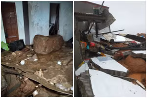 Sạt lở khiến đất đá tràn vào gây hư hỏng nhà dân ở Hà Tĩnh. (Ảnh: T.T) 