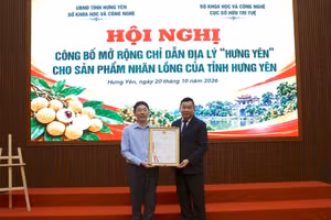 Ông Trần Lê Hồng, Phó Cục trưởng Cục Sở hữu trí tuệ trao Giấy chứng nhận đăng ký sửa đổi chỉ dẫn địa lý “Hưng Yên” cho sản phẩm nhãn lồng. Ảnh: Đinh Chiến