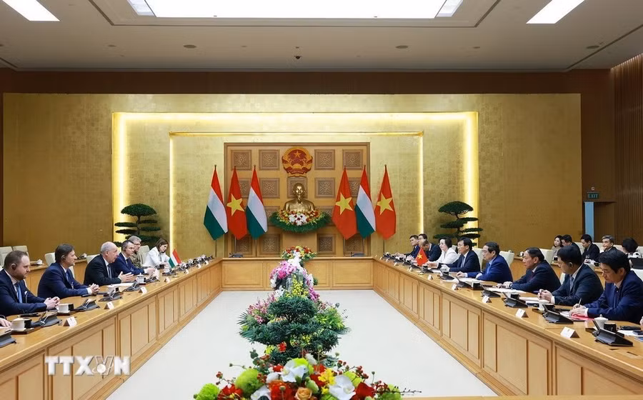 Thủ tướng Phạm Minh Chính hội kiến Tổng thống Hungary Sulyok Tamas. (Ảnh: Dương Giang/TTXVN)