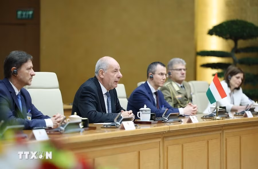 Tổng thống Hungary Sulyok Tamas phát biểu tại cuộc hội kiến Thủ tướng Phạm Minh Chính. (Ảnh: Dương Giang/TTXVN)