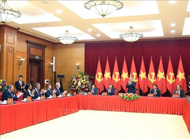 Tổng Bí thư Tô Lâm tiếp Trưởng đoàn chính đảng các nước dự Lễ kỷ niệm 80 năm Cách mạng Tháng Tám và Quốc khánh 2/9. Ảnh: Thống Nhất/TTXVN. Tổng Bí thư Tô Lâm tiếp Trưởng đoàn chính đảng các nước dự Lễ kỷ niệm 80 năm Cách mạng Tháng Tám và Quốc khánh 2/9. Ảnh: Thống Nhất/TTXVN.