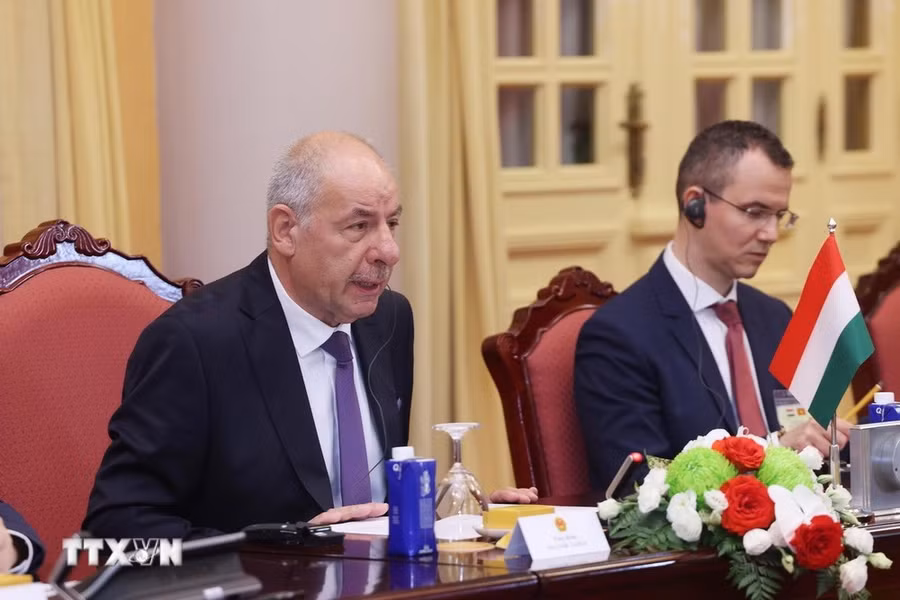 Tổng thống Hungary Sulyok Tamas phát biểu tại hội đàm. (Ảnh: Lâm Khánh/TTXVN)