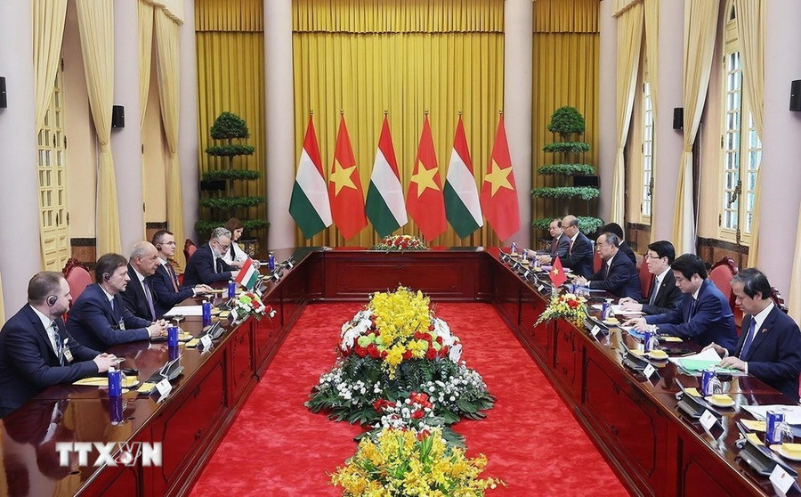 Chủ tịch nước Lương Cường và Tổng thống Hungary Sulyok Tamas hội đàm. (Ảnh: Lâm Khánh/TTXVN) Chủ tịch nước Lương Cường và Tổng thống Hungary Sulyok Tamas hội đàm. (Ảnh: Lâm Khánh/TTXVN)
