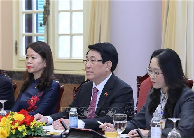 Chủ tịch nước Lương Cường phát biểu tại cuộc hội đàm với Quốc vương Brunei Darussalam Haji Hassanal Bolkiah. Ảnh: Lâm Khánh/TTXVN